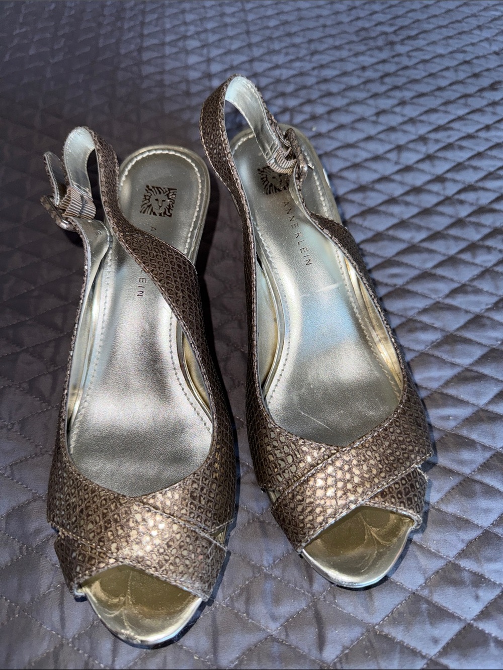 Anne Klein Snake Skin Print Brown and Gold Peep-Toe Slingback Heel